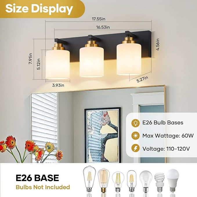 Vanity Lights for Bathroom, 3-Light Black and Gold Bathroom Vanity Light Over Mirror with Milky White Glass Shades, Modern Bathroom Light Fixtures for Living Room Hallway Cabinet (Bulbs Not Included)
