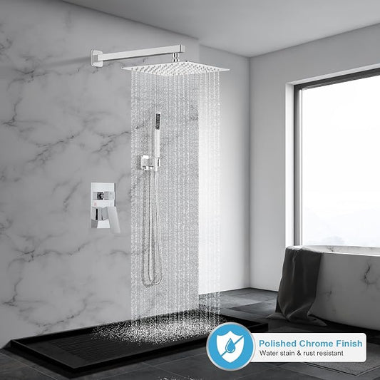 Shower Faucet Set Bathroom Square Rain Shower Head and Handle Set, Wall Mounted Shower Fixtures With Shower Valve and Trim Kit 12 inch Polished Chrom