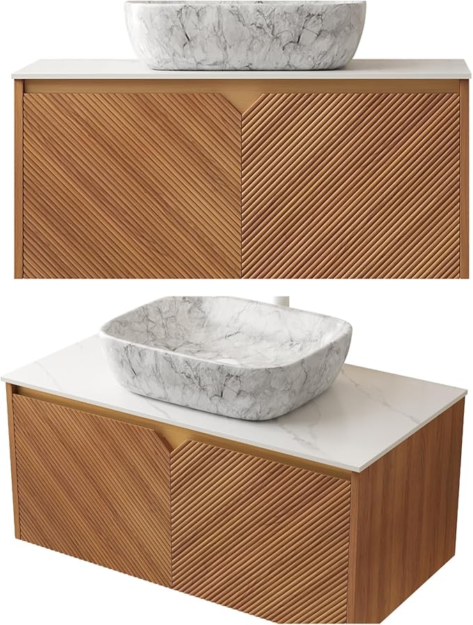 Floating Bathroom Vanity with Sink, 36" Bathroom Storage Cabinet with Sintered Stone Countertop & Marble-Pattern Ceramic Basin, Wall-Mounted Vanity with 2 Twill Pattern Doors, Brown Oak