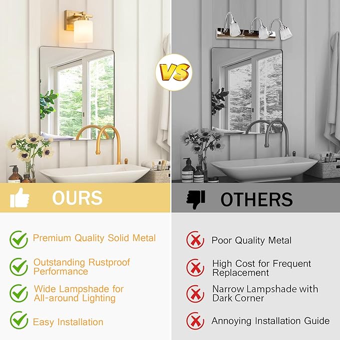 Modern Bathroom Light Fixtures Over Mirror, Vanity Lights for Bathroom Wall Sconces with Milky White Glass Shades, E26 Socket (Bulbs Not Included), 1 Light, Brass