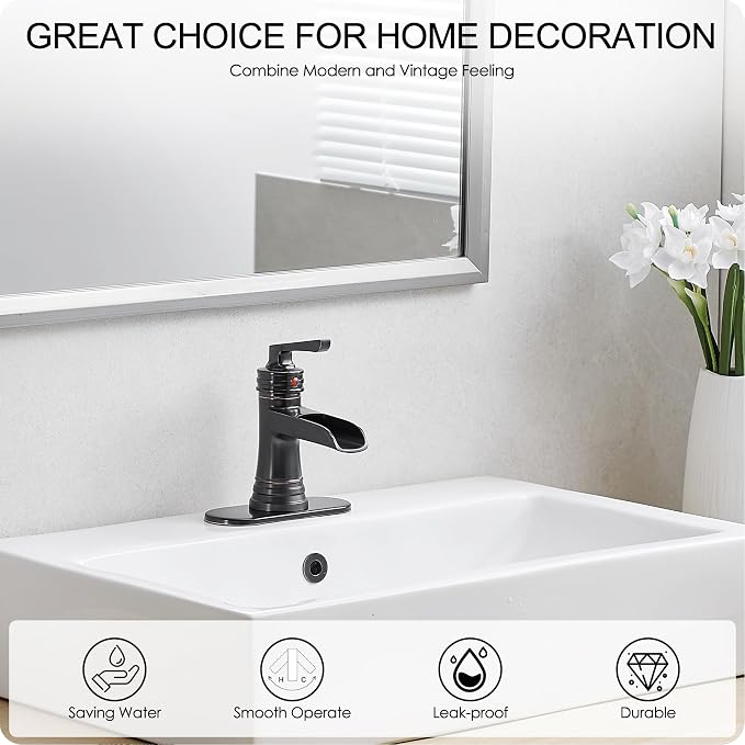 Brass Oil Rubbed Bronze Bathroom Faucet Waterfall Bathroom Sink Faucet 1 Hole or 4 Inch 3 Hole, Single Handle with Deck Plate, Pop-up Drain, cUPC Supply Lines for Vanity, 5 Mins Quick Install