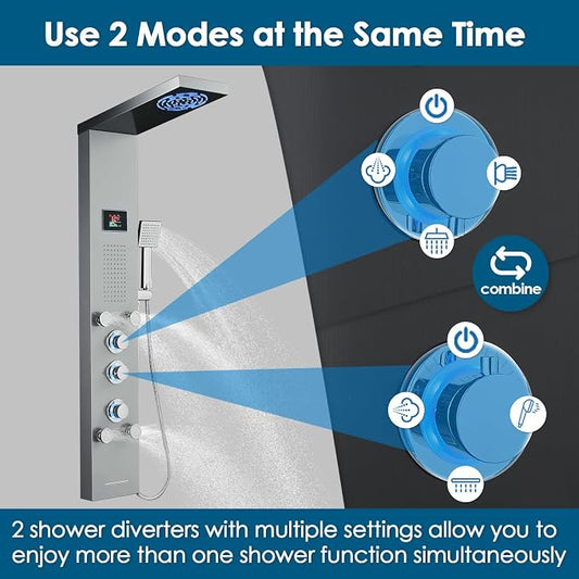 ROVOGO LED Shower Panel Tower With Lights & Digital Display, Water Powered | Rain Mist Shower Head, Handheld, 5 Body Jets, Tub Spout, Hydroelectric Shower Column Stainless Steel W/ Brass Valves, Brushed