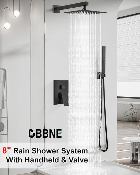 Shower Faucet Set 8-Inch Rain Shower System Oil Rubbed Bronze | Square SUS304 Shower Head, Dual-Mode Hand Spray, 59-Inch Hose and Brass Rough-In Valve for a Complete Wall-Mount Installation