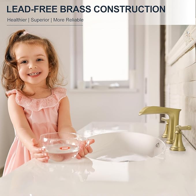 8 Inch Brushed Gold Bathroom Faucet 3 Hole, Brass Waterfall Bathroom Faucets Widespread 2 Handle with Pop up Drain & Pre-Installed cUPC Supply Lines for Vanity, 10 Mins Quick Installation