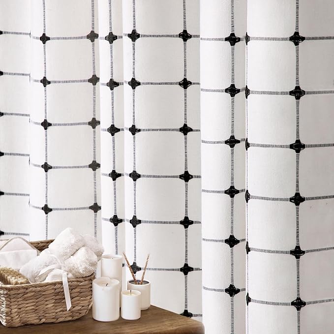 Black and White Farmhouse Shower Curtain,Boho Linen Fabric with Embroidered Plaid Pattern and Tassels for Bathroom,72" W×84" L