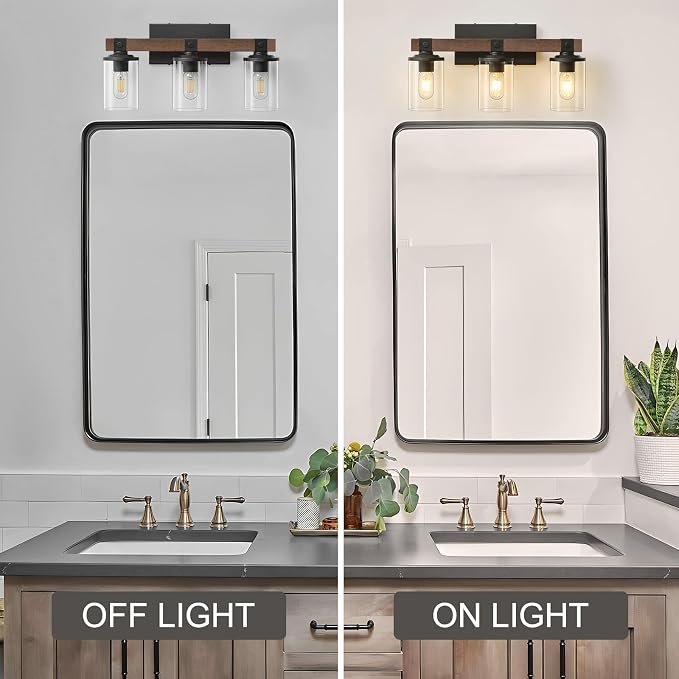 Bathroom Light Fixtures Over Mirror Black Farmhouse Vanity Lights 3 Light | Rustic Vintage Wood Bathroom Wall Light Fixtures with Clear Glass Shade for Restroom Bedroom Hallway