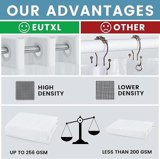 EUTXL Heavyweight No Hook Shower Curtain with Liner, White, 54x74 | Snap in Liner, Thick Waffle Fabric, Hotel Quality, Corner Magnets, Waterproof & Washable