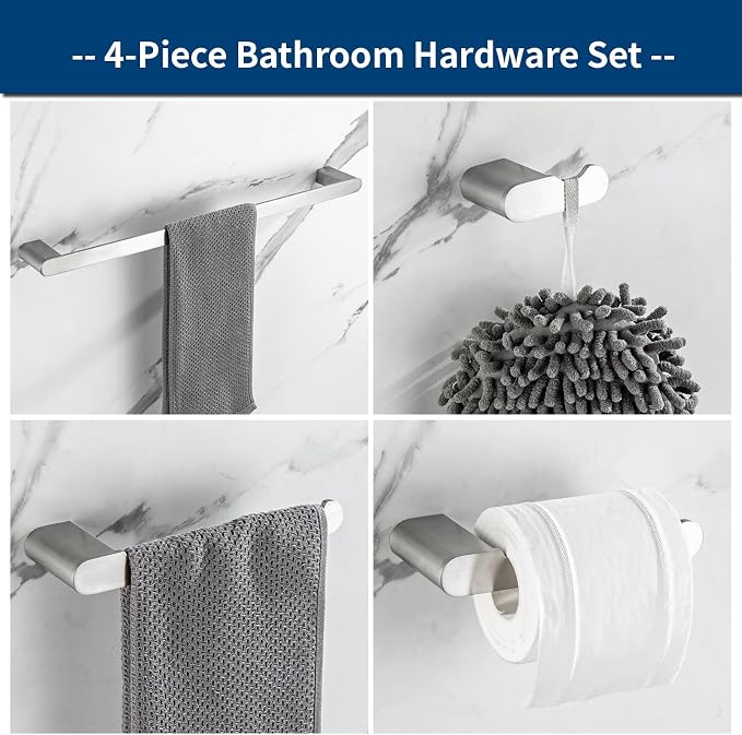 Bathroom Hardware Set, 4-Piece Towel Rack Towel Holder Toilet Paper Holder Towel Hooks Wall Mounted Towel Bar Stainless Steel Towel Racks, Brushed Nickel Bathroom Accessories Towel Bar Set, 23 inch