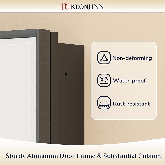 Keonjinn 24" x 26" Black Medicine Cabinets Mirror, Wall Mount or in Wall | Made In Aluminum Rust-resistant, Adjustable Shelves, Fully Assembled, Recessed Medicine Cabinet for Bathroom, Single Door