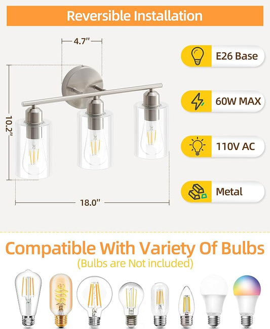 3-Light Bathroom Light Fixtures, Brushed Nickel Bathroom Vanity Lights, Bathroom Lighting Fixtures Over Mirror with Clear Glass Shade, Wall Sconce Light for Bedroom, Living Room and Hallway