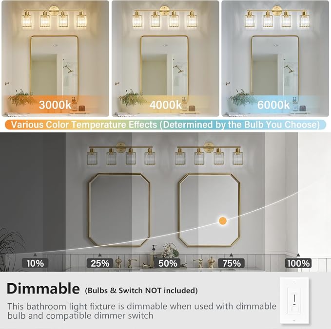4 Light Bathroom Light Fixtures, Modern Crystal Vanity Lights over Mirror | Metal Frame, Bathroom Light with Square Crystal Shade, ETL Certified, E26 Ceramic Socket, Bulbs Not Included