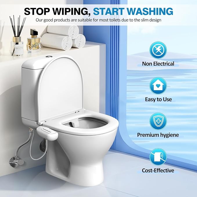 Non-Electric Bidet Attachment, Self-Clean Dual Nozzles, Adjustable Pressure | Ultra Slim Intuitive One-Touch, Retractable Nozzle Structure, Cold Water Rear & Feminine Washing Modes, Stainless Steel Iniet