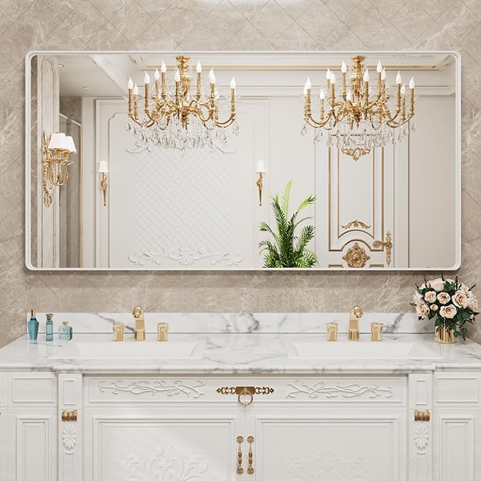 LOAAO White Metal Framed Bathroom Mirror, 72x36 Inch | Rounded Rectangle, Anti-Rust, Tempered Glass, Hangs Horizontally or Vertically