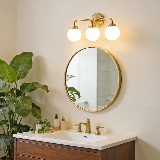 Bathroom Light Fixtures 18.26in 3Light Brushed Gold Vanity Light for Mirror | Bathroom Lighting Fixtures over Mirror, ETL, Brushed Brass Wall Sconce, Dimmable E12 Base Max 60W, Milky Glass Ball Shades