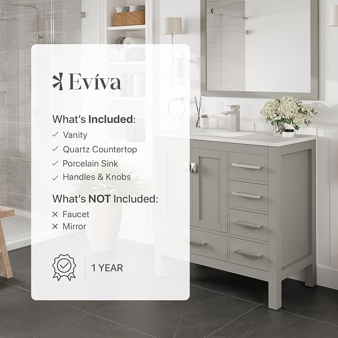 Eviva London 38 Inch Bathroom Vanity in Grey with Quartz Countertop and Porcelain Sink - 38" Single Sink Bathroom Vanity - 38 in Bathroom Vanities & Modern Bathroom Sink Cabinet for Storage and Style