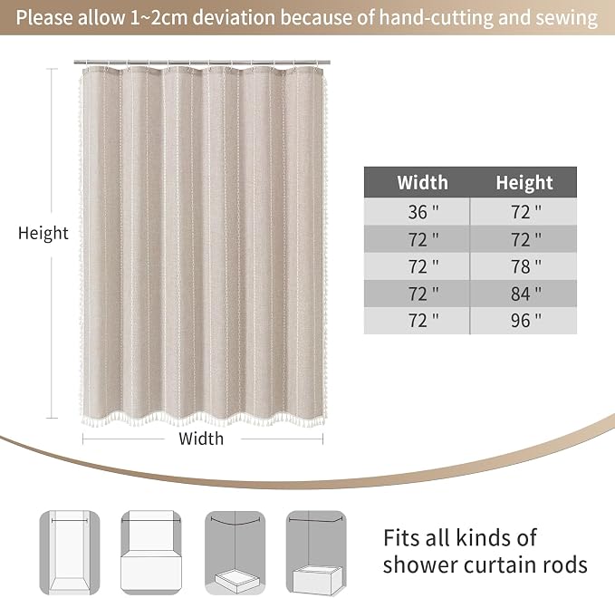 Boho Farmhouse Tassel Linen Shower Curtain,3D Embroidery Stripe Taupe,36x72 | Small Stall Half Size,310GSM Linen Texture Heavy Duty Cloth,Water Repellent,Wrinkle Resistant,Vintage Farmhouse Rustic