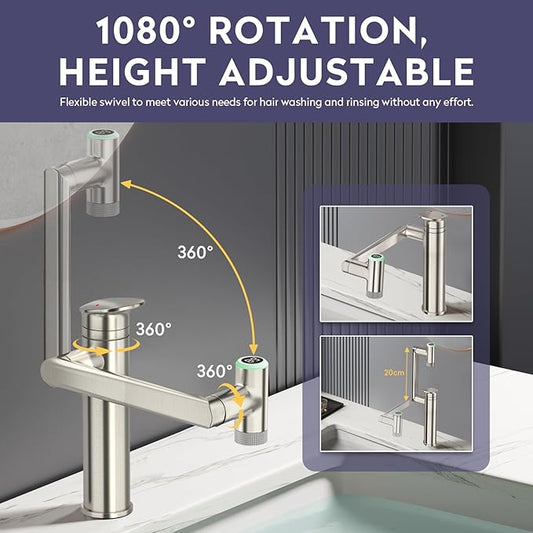 HOWUWEY 1080° Rotatable Single Hole Bathroom Vanity Faucet with Temperature Display, Height Adjustable Single Lever Bathroom Sink Faucet 1 Hole, LED Basin Faucet with Color Change (Brushed Nickel)