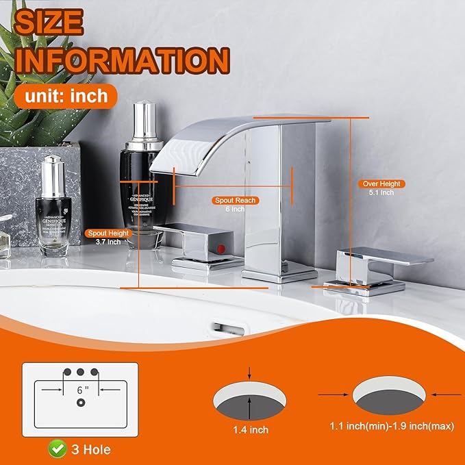Bathroom Faucet 3 Hole, Chrome Waterfall Bathroom Faucets, 8 Inch Widespread Modern Bathroom Sink Faucet & Parts, Wide Spread Touch On Three Hole 2 Handle Bathroom Vanity Mixer
