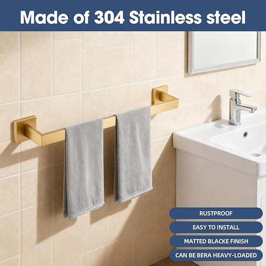 23.6 Inch Brushed Gold Bathroom Towel Bar Set, 2-Piece Square Wall Mounted Towel Rack, Wall Mounted 304 Stainless Steel Towel Holder for Bathroom