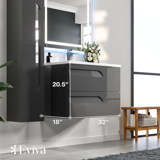 Eviva Joy 32 in. Gray Wall MountSingle Sink Bath Vanity with Porcelain Top and Integrated Sink