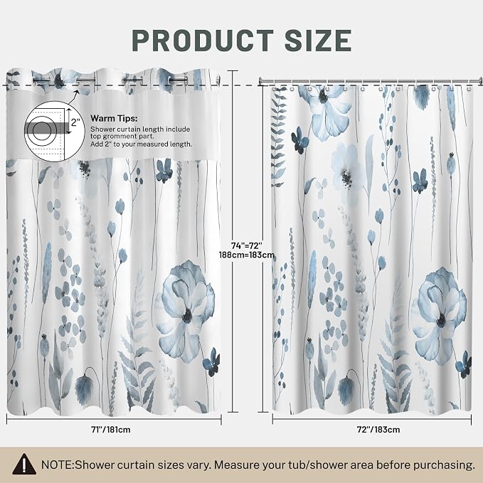 No Hook Floral Shower Curtain with Liner, Moonlight Blue, 71x74 | Snap in Liner, 3 in 1, Water Repellent, Easy Install, Machine Washable, Hotel Style for Bathroom, Watercolor Pattern