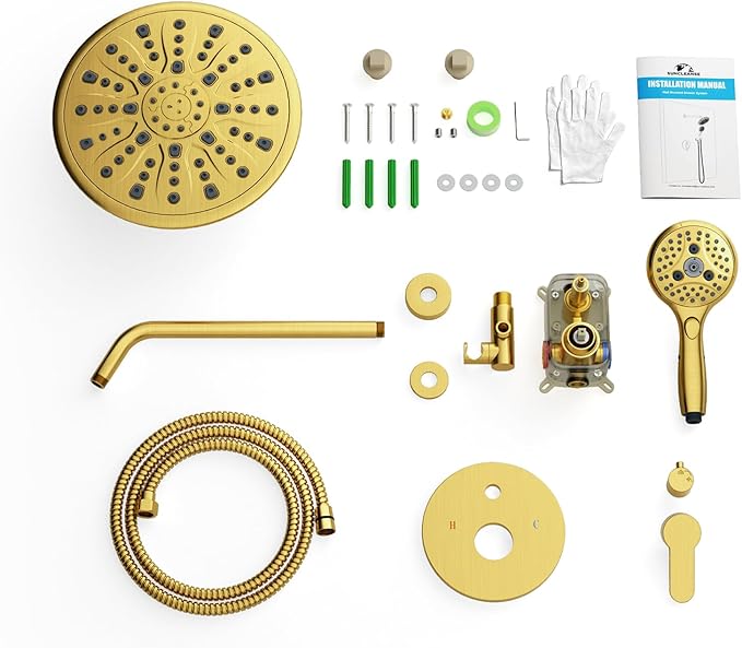 SunCleanse Brushed Gold 8.5'' Rain Shower System w/Handheld & Valve Kit | 2-IN-1 Shower Faucet Set, 7-setting Handheld Shower Head Combo, Rough-in Pressure-balanced Valve and Trim Kit