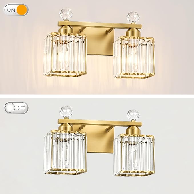 Lxybcce Modern 14In 2-Lights Bathroom Vanity Light, Crystal Bathroom Light Fixtures, Gold Vanity Light Fixtures Over Mirror, Easy Installation & Shadow-Free Illumination for Bathroom Mirror Decor