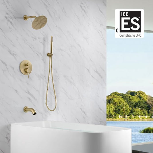 SUMERAIN Bathroom Brushed Gold Rain Shower System with Tub Spout | Tub and Shower Set, Brass Hand Shower, 8" Shower Head, Brass Rough in Valve, Concealed Box Design
