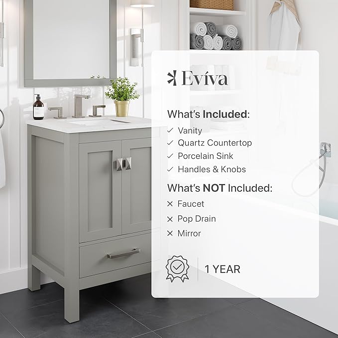 Eviva Aberdeen 24 in. Gray Single Sink Bath Vanity with Carrara Quartz Top and Undermount Porcelain Sink