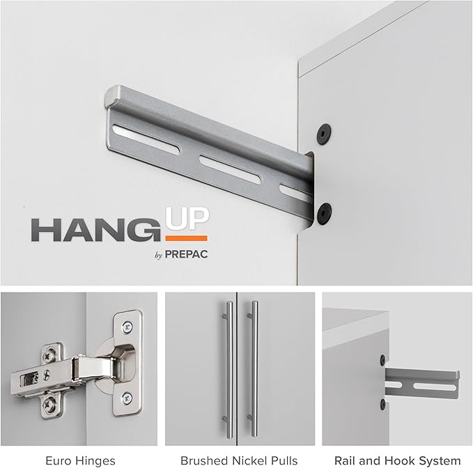 Prepac HangUps 30" Wide Upper Garage Storage Cabinet, Wood Hanging Wall Cabinet for Laundry Room, Wall Mounted Storage with Adjustable Shelf, Floating Cupboard with Metal Hanging Rail, Light Gray