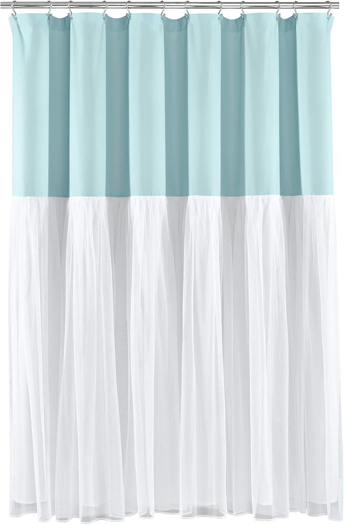 Lush Decor Tulle Skirt Colorblock Shower Curtain Single 72" W x 72" L Spa Blue & White - Fabric Shower Curtains for Bathroom - Cute Bathroom Curtain