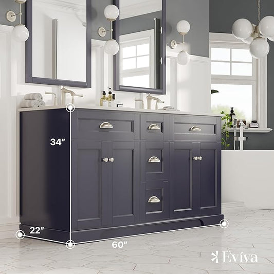 Eviva Epic 60 in. Charcoal Gray Double Sink Bathroom Vanity with White Carrara Quartz Countertop