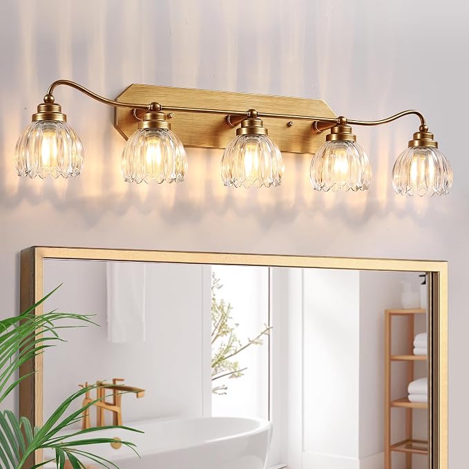 5 Light Gold Vintage Vanity Lights, Antique Brass Finish | Clear Tulip Crystal Shades,Brushed Gold Bathroom Light Fixtures,Wall Sconce Ideal for Bedroom, Hallway, Easy to Install