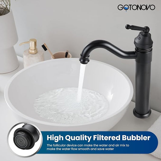 gotonovo Bathroom Vessel Sink Faucet Single Handle Brass Long Reach Bathroom Faucet 1 Hole Deck Mounted Mixer Tap with Pop Up Drain Matte Black