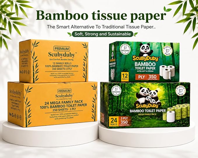 Premium & Soft Bamboo Toilet Paper | PFAS Free | 12 Mega Rolls, 3 ply & 350 Sheets | Non Toxic, Septic Safe, BPA Free | Tree Free Toilet Tissue | Plastic Free Packaging