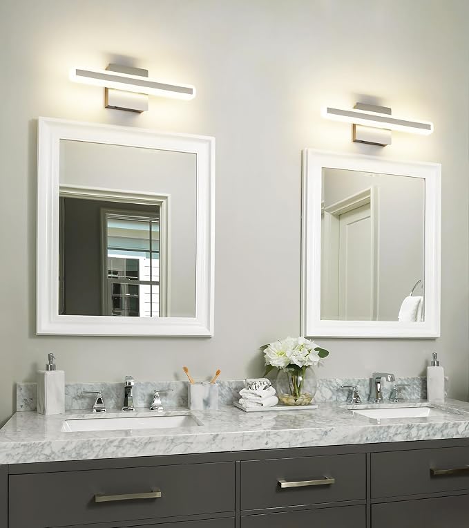 JUSHENG Brushed Nickel Vanity Lights for Bathroom, 5CCT Dimmable Vanity Light Bar, Modern LED Bathroom Lighting Fixtures Above Mirror 16'' Inch 16W