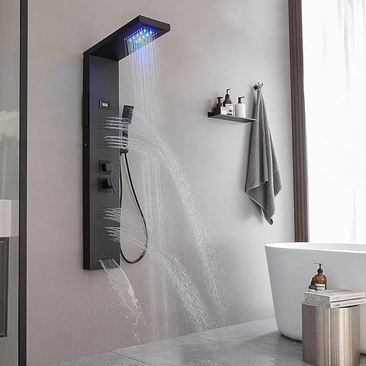 Shower Panel Tower System 5 in 1 Stainless Steel Rainfall Shower Panels with 5-Functions, 4 Enlarged Body Massage Jets, Handheld Head, Wall Mounted Matte Black