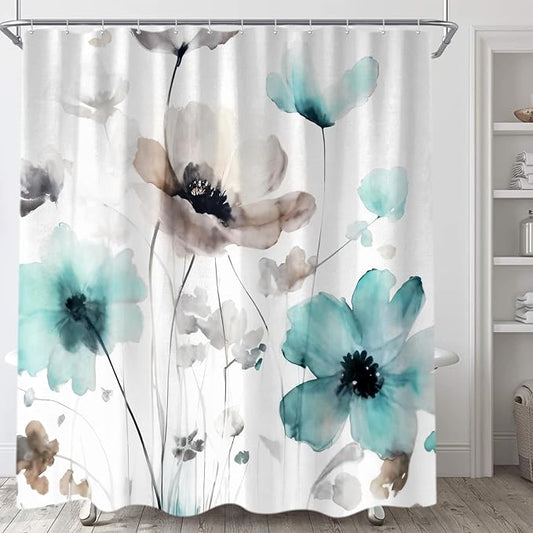 Sanzugh Boho Floral Shower Curtain, Cream Tan Beige Teal Grey White Flower Farmhouse Fabric Shower Curtains Set for Bathroom Decorative with Hooks 72 X 84 inch Spring Bath Decor