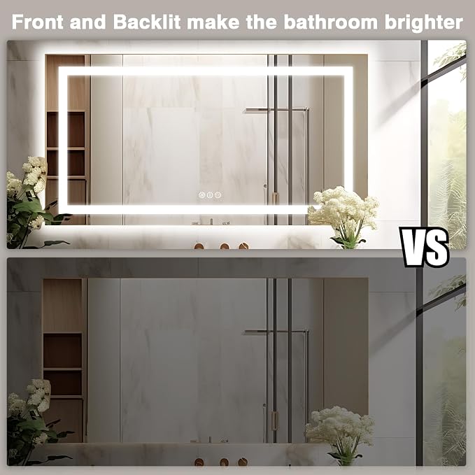 EchosLife 72"x40" Large LED Bathroom Mirror with Lights | Backlit + Front Lit, Anti-Fog, Stepless Dimmable, 3 Colors, Memory, Tempered Glass, UL Listed, Horizontal/Vertical