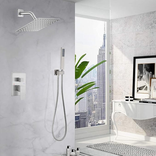 Shower System Brushed Nickel Bathroom Rainfall Shower Faucet Set Complete Wall Mounted 8 Inch Shower Head and Handle Set with Rough-in Valve Body and Trim Kit