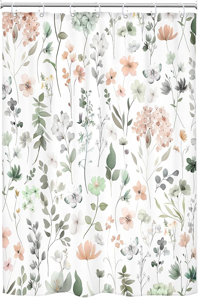 Cute Floral Small Stall Sage Green Flower Girls Bathroom Shower Curtain Set | 48"W x 72"H Wildflower Butterfly; waterproof HD print, quick-dry fabric and plastic hooks for easy setup.