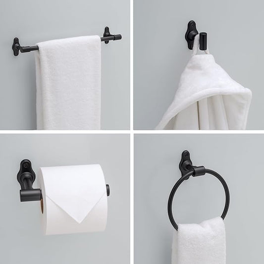 Franklin Brass Calloway 4-Piece Bathroom Set Matte Black 18" + 6" Towel Rack, Toilet Paper Holder, Hand Towel Holder, Hook | 4-Piece Bath Hardware Accessories Set CLWY64-MB
