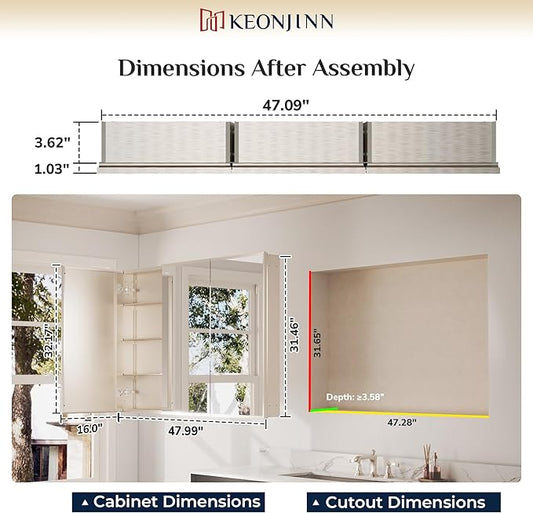 Keonjinn Large Medicine Cabinet Mirror 48 x 32 Inch, Brushed Nickel, 3 Door | Assembly Required, Adjustable Shelves, Aluminum Cabinet, Tempered Glass, Surface Mount or Recessed, Ideal for Large Spaces