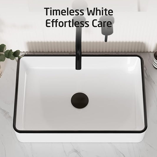 KES 20 Inch Bathroom Vessel Sink with Black Trim Above Counter Rectangular White Ceramic Countertop Sink for Cabinet Lavatory Vanity, BVS123S50-W/B
