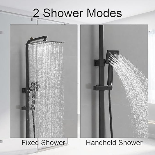 Matte Black Exposed Shower System 9 Inch Rainfall Shower Head | Handheld Spray Single Handle Center Wall Mount Bathroom Shower Faucet with Square Shower Head by Homevacious