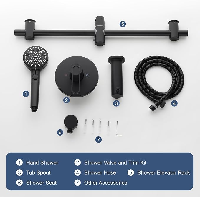 Taplong Black Bathtub Shower Faucet Set with slide bar Shower System with Tub Spout,8 Setting Handheld with ON/OFF Pause Switch, Tub Shower Faucet Kit for Bathroom-TP049B