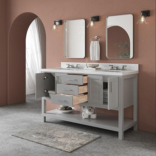 ARIEL Magnolia 60-inch Bathroom Vanity with Sink,Solid Wood, 1.5-inch Italian Carrara Marble Countertop, Double Rectangular Porcelain Sink, 4 Soft Closing Doors, 3 Dovetail Drawers, Grey