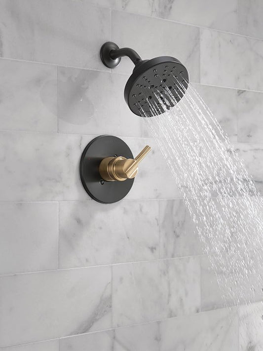 Delta Nicoli 14 Series H2Okinetic Shower Faucet Set, Matte Black/ Brushed Gold Shower Head and Handle Set, Valve Trim Kit, Matte Black/ Champagne Bronze 142749-GZ (Shower Valve Included)