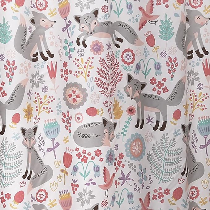 Lush Decor Pixie Fox Shower Curtain, 72" W x 72" L, Navy & Pink - Pink Shower Curtain - Fun Kids Floral & Animal Bathroom Decor