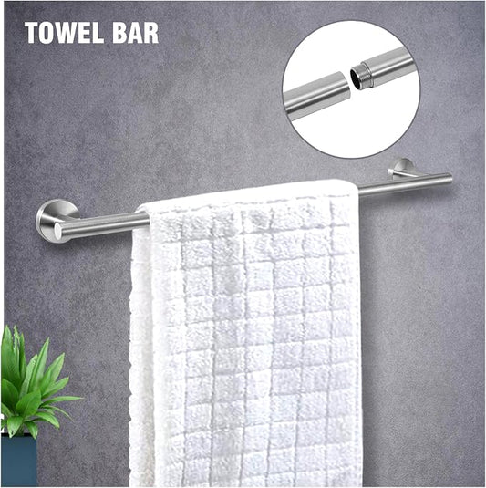 5 Piece Modern Style Wall Mounted Bathroom Hardware Set | #304 Stainless Steel, 24" Towel Bar Mount, Towel Rings, 2 Pillar Toilet Paper Holder, Bathrobe Hook (Brushed Nickel)
